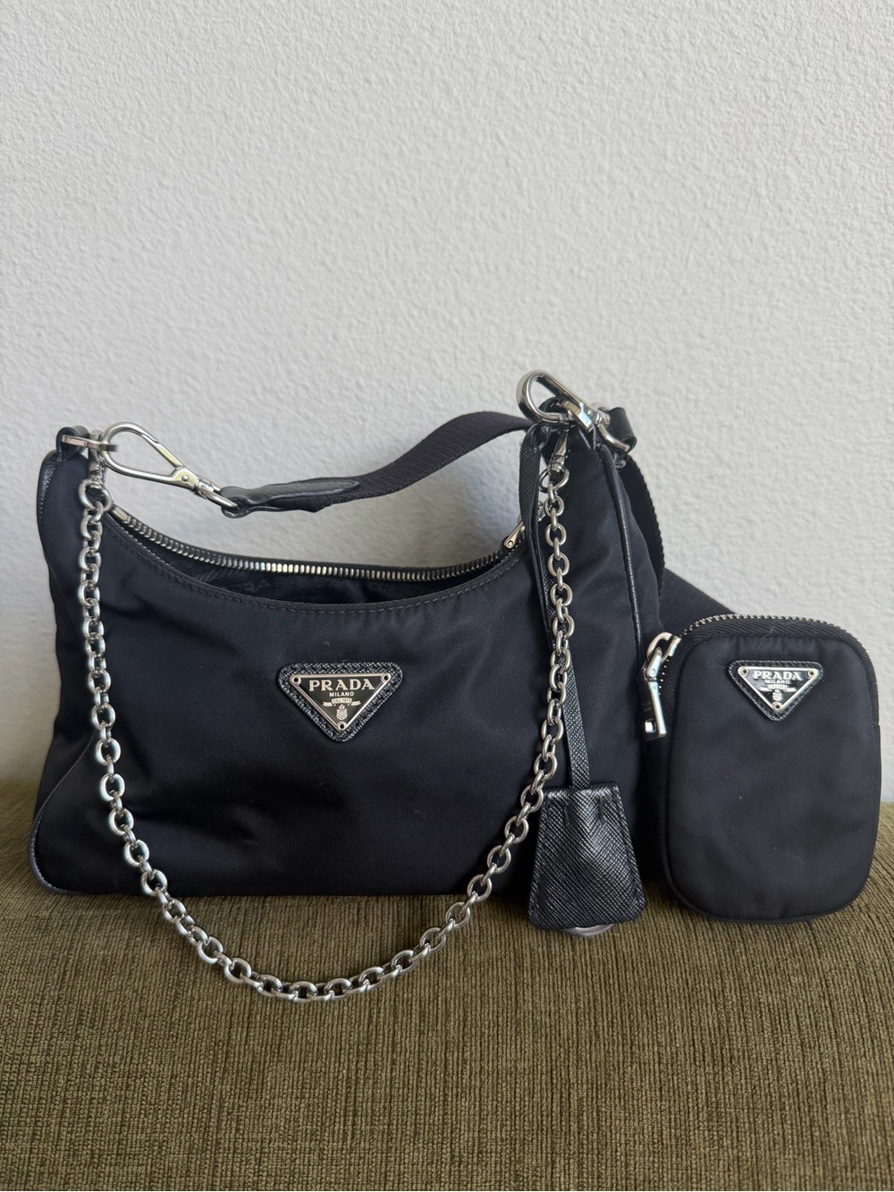 Prada Black Nylon Shoulder Bag with Chain Strap and Pouch